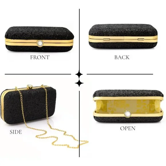 Bronze Glitter Evening Clutch Purse - Sparkly Hardcase Handbag with Chain Strap